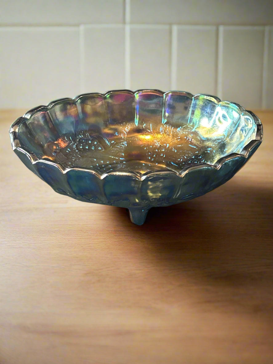 Vintage Indiana Blue Iridescent Carnival Oval Footed Glass Bowl Grape Detail 12.5" x 8.5" x 4.5"