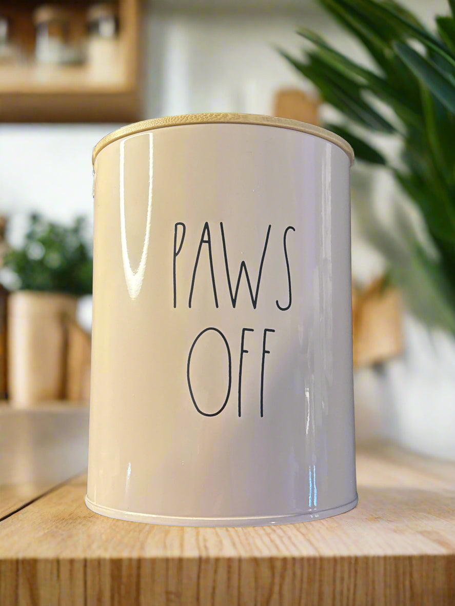 Rae Dunn Paws Off For Dog & Cat Treats & Food Pink Aluminum With Wooden Lid 7" x 5.25"