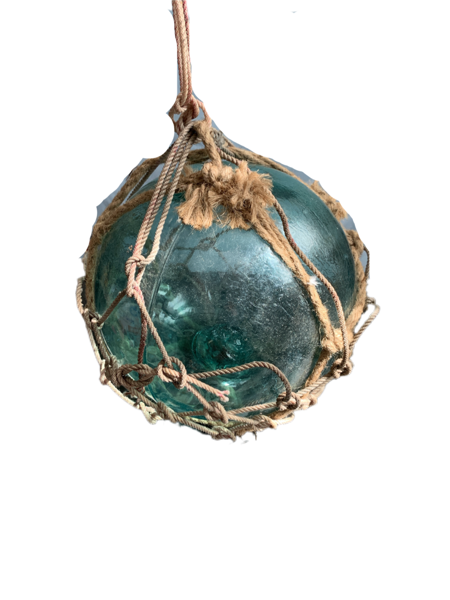 Vintage Japanese Glass Fishing Float Buoy Ball Roped Net Turquoise Blue Approx. 10"