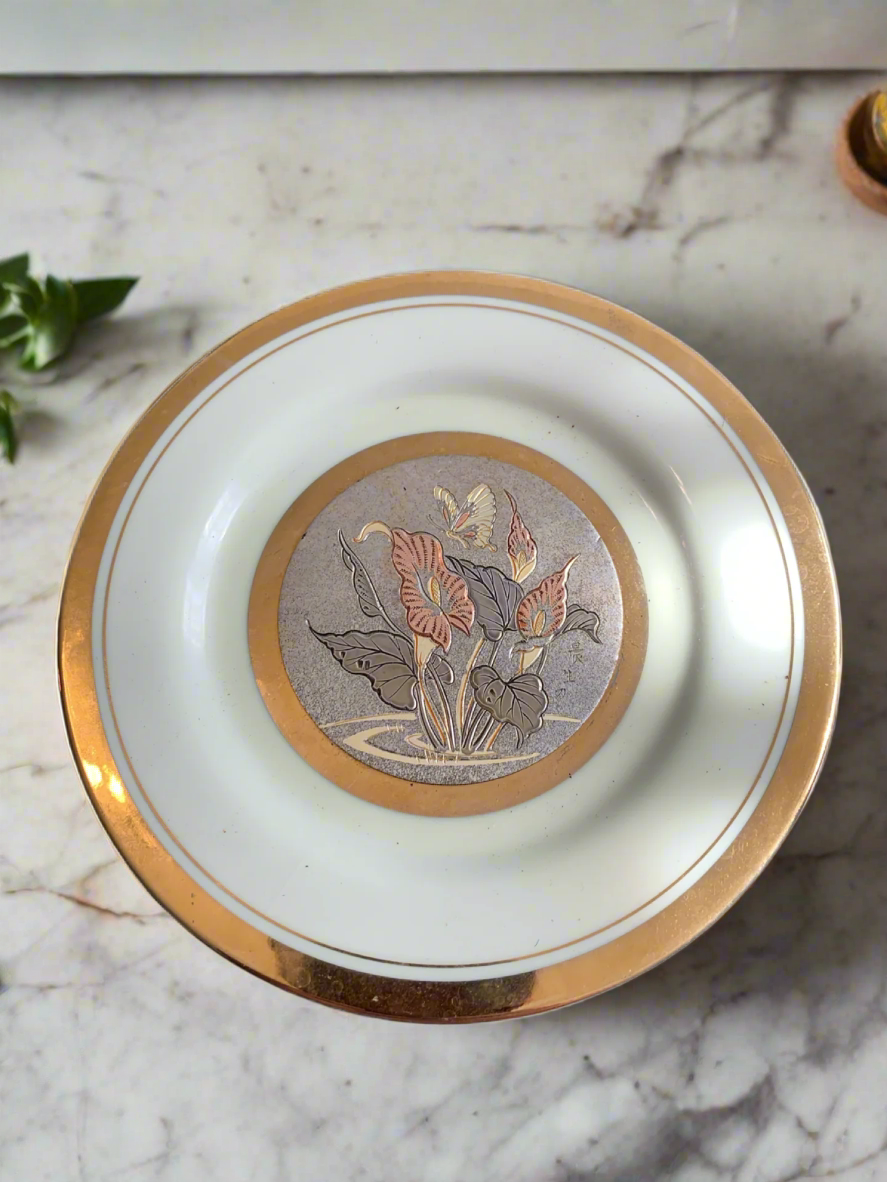The Art of Chokin 24K Gold Edged Small Plate 6" Irises Butterfly Japan Vintage