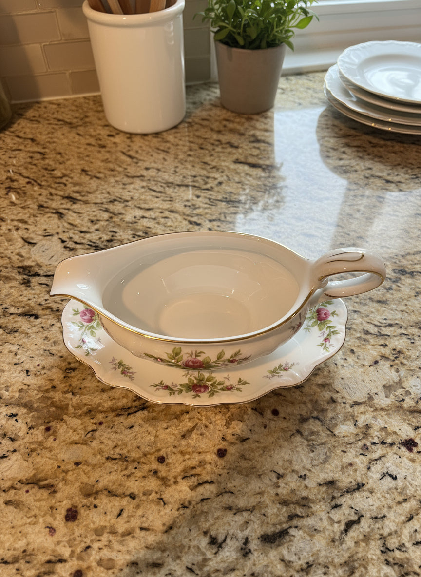 Vintage Moss Rose (Bavarian Backstamp) Johann Haviland Gravy Boat with Attached Underplate