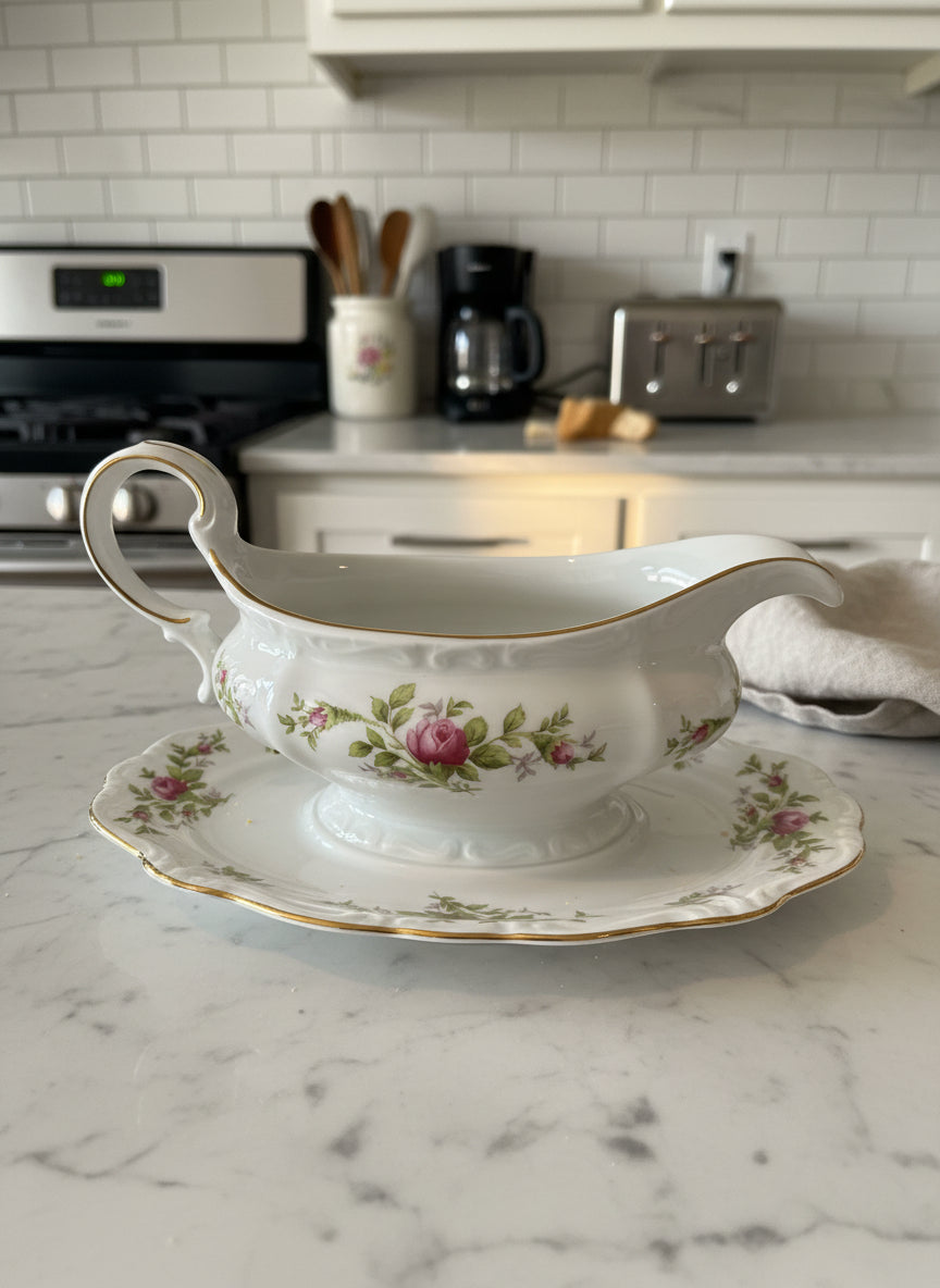 Vintage Moss Rose (Bavarian Backstamp) Johann Haviland Gravy Boat with Attached Underplate