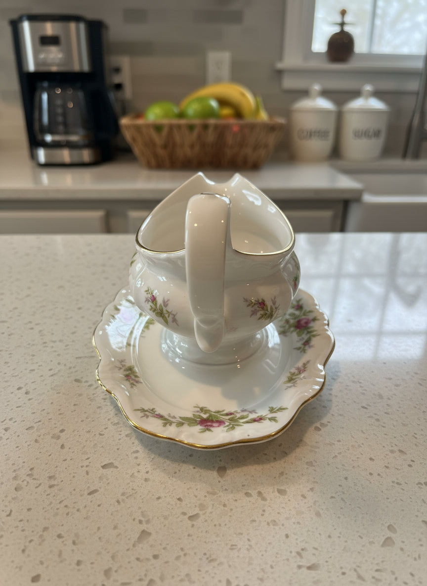 Vintage Moss Rose (Bavarian Backstamp) Johann Haviland Gravy Boat with Attached Underplate