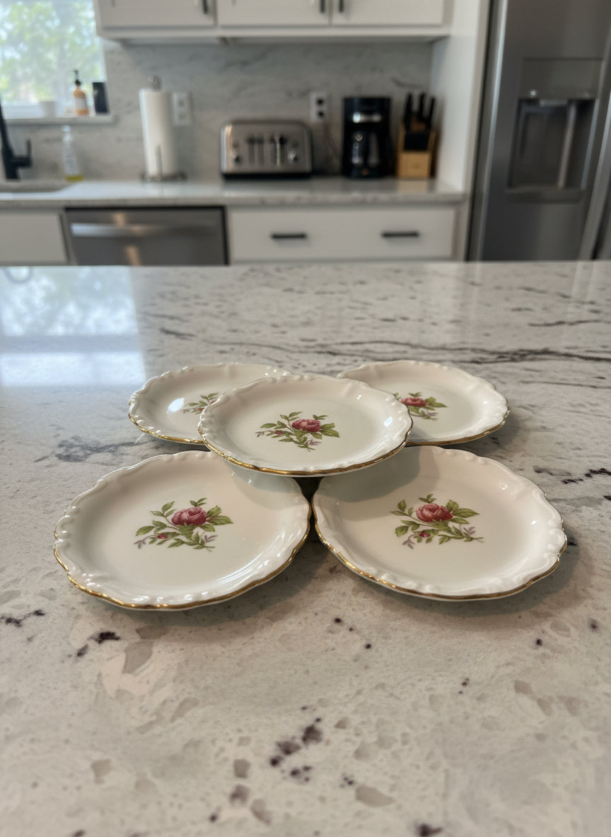 Set of 5 Vintage Johann Haviland Moss Rose Bavarian Backstamp Trinket Dish Coasters 3 5/8"