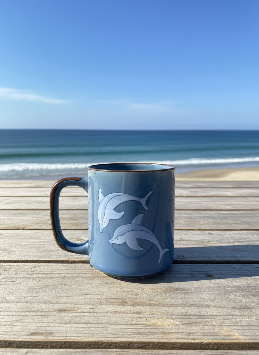 Vintage Otagiri Japan Stoneware Dolphin Coffee Mug Cup Blue White Brown Trim 12oz 4" Tall