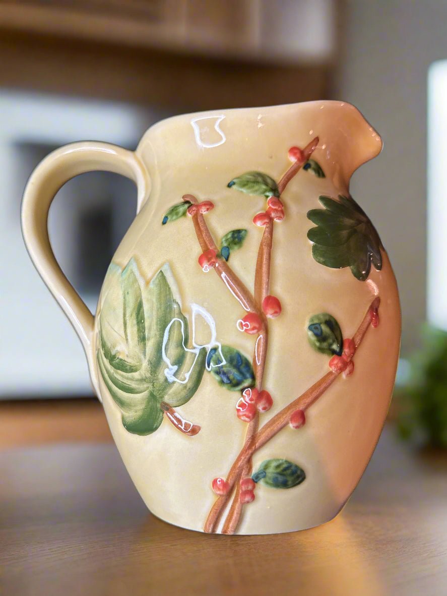 Italy Pottery Hand Painted Pitcher Yellow Willow 8718 New Pomegranate Vintage 8" Tall