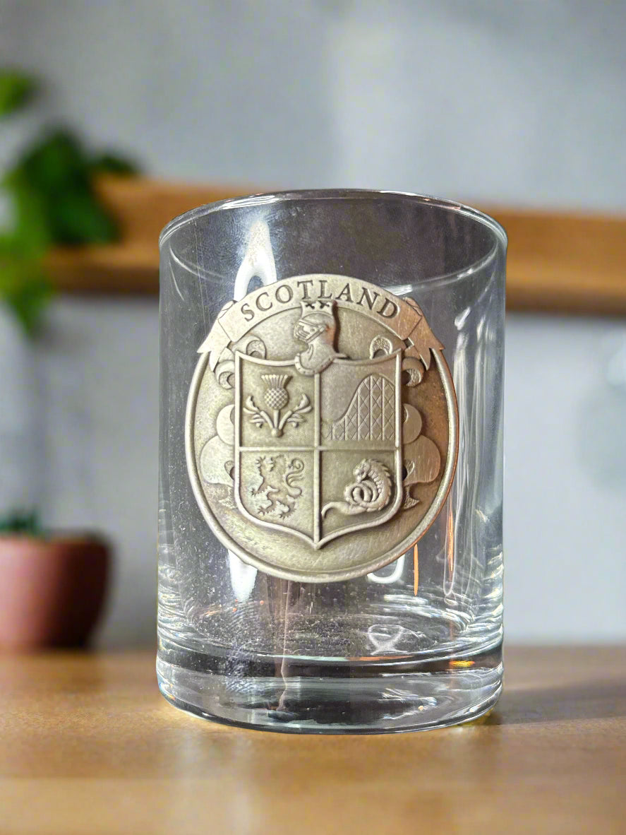 Bar Glass with Pewter Scotland Crest on Front from Busch Gardens 4.25" Tall