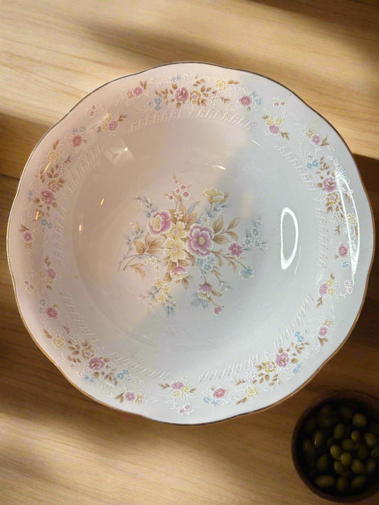 China 9" Bowl Porcelain Nanjing Pagoda Mark Floral Rose Gold Rim 2 5/8" Tall