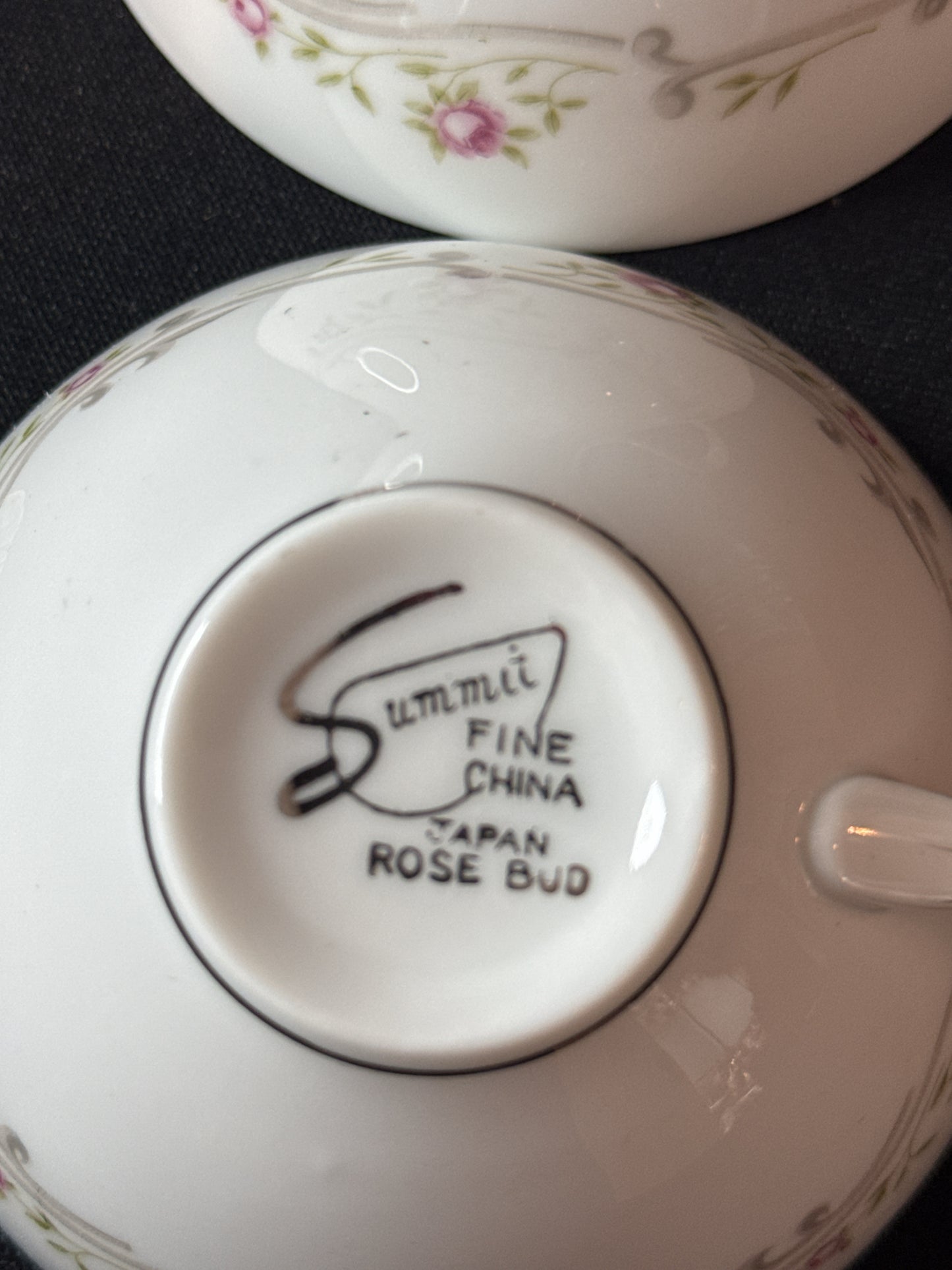 Pair of Rose Bud Pattern by Summit Fine China Pink Roses, Grey Scrolls, Green Leaves 4" x 2"