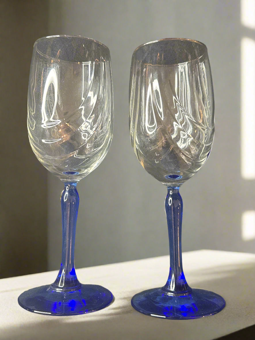 Pair of Wine Glasses with Embossed Swirl Cobalt Blue Stem Gold Rim 8" Very Nice Looking