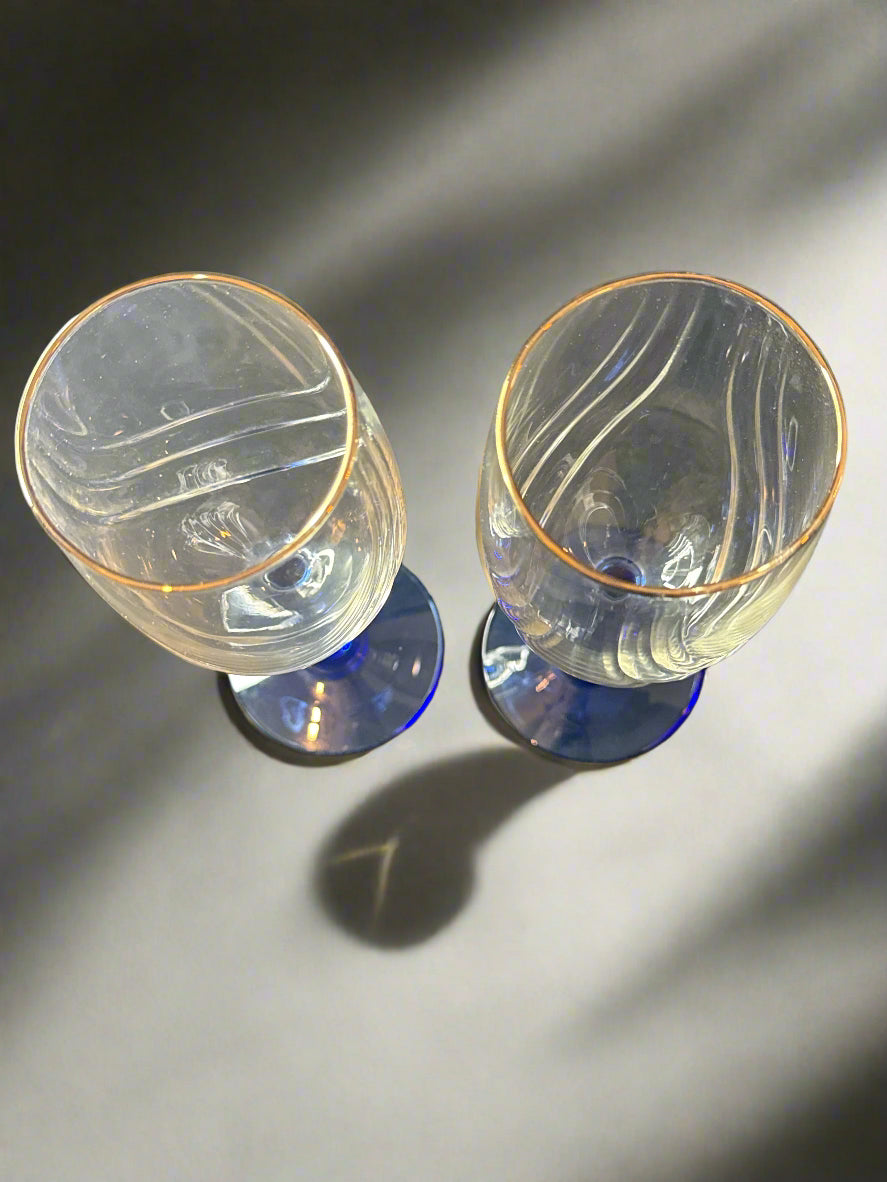 Pair of Wine Glasses with Embossed Swirl Cobalt Blue Stem Gold Rim 8" Very Nice Looking