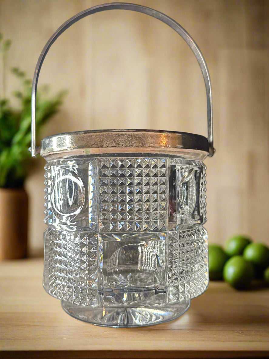 Cut Glass Ice Bucket F B Rogers Silver Co Silver Handle/Trim Germany 5" Tall