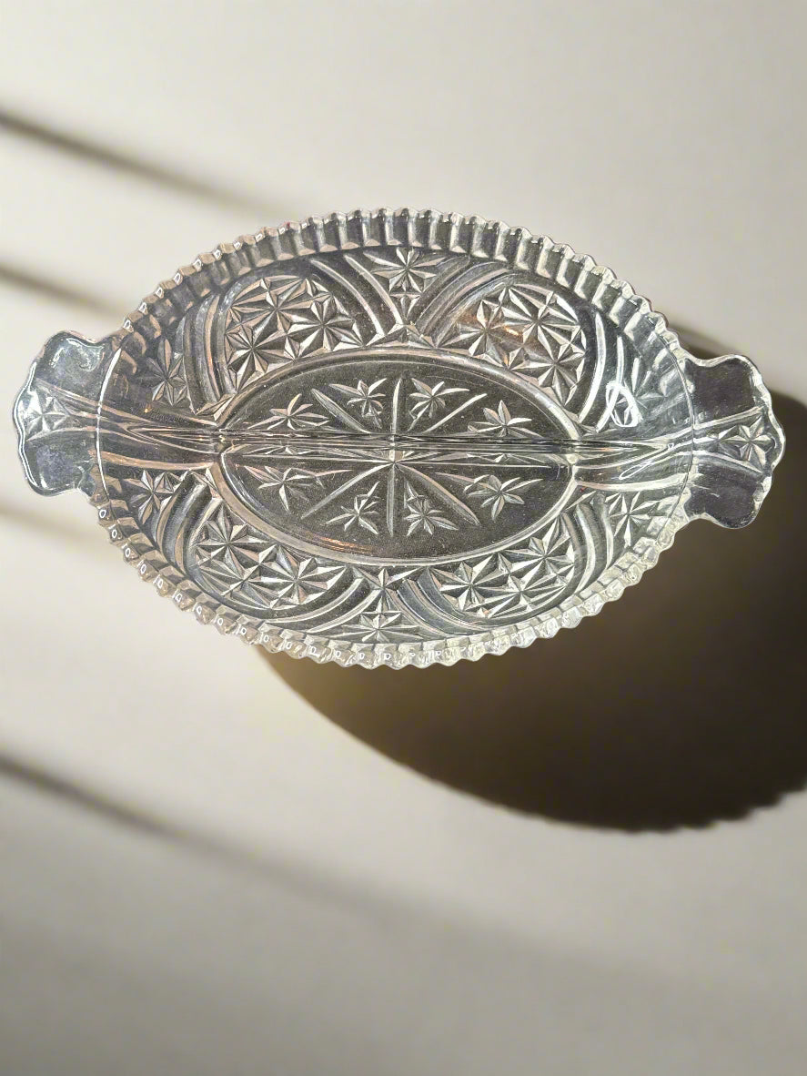 Vintage Divided Clear Pressed Glass Sawtooth Relish Candy Dish w/ Handles 10" Long