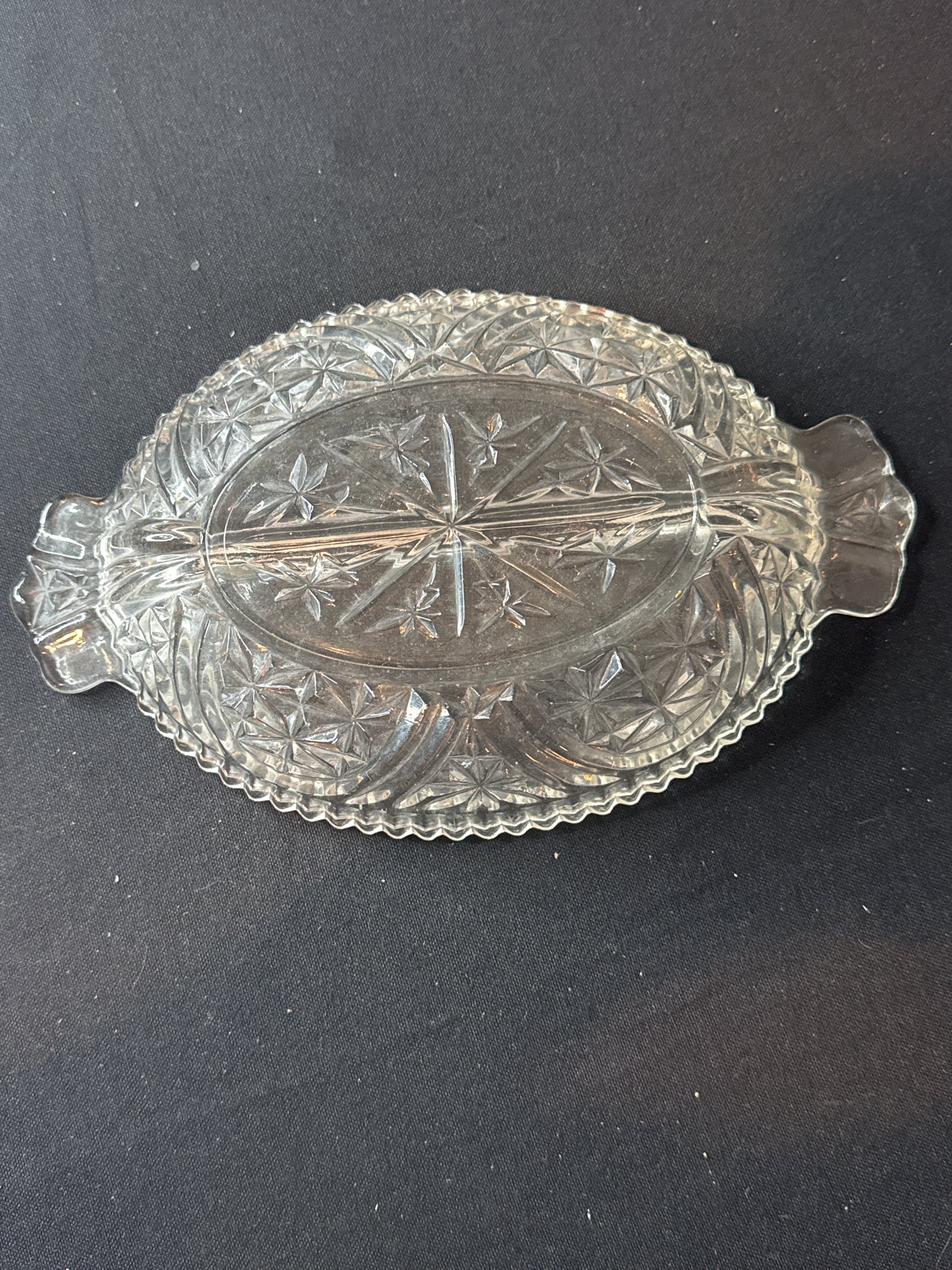 Vintage Divided Clear Pressed Glass Sawtooth Relish Candy Dish w/ Handles 10" Long