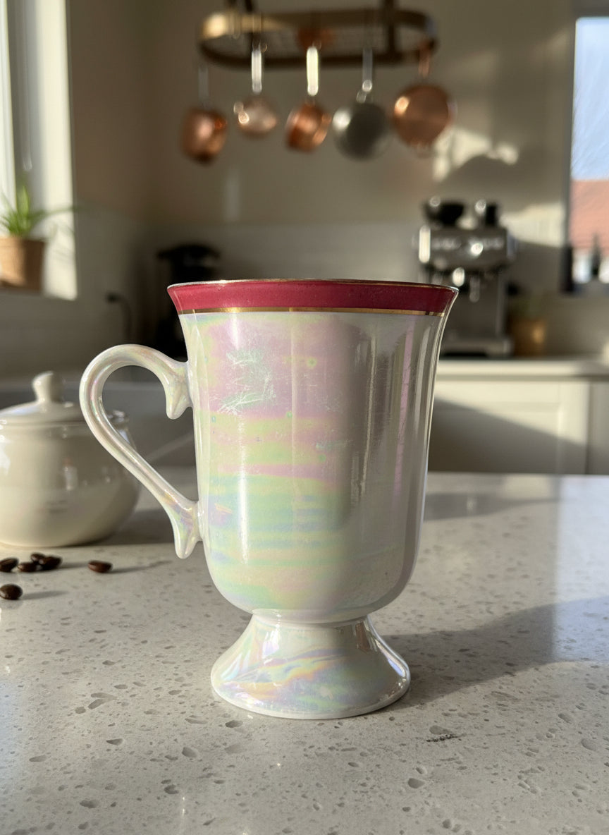 Vintage Opalescence Souvenir Coffee Mug Cup Tea Cup Beach Scene 4 5/8" Tall