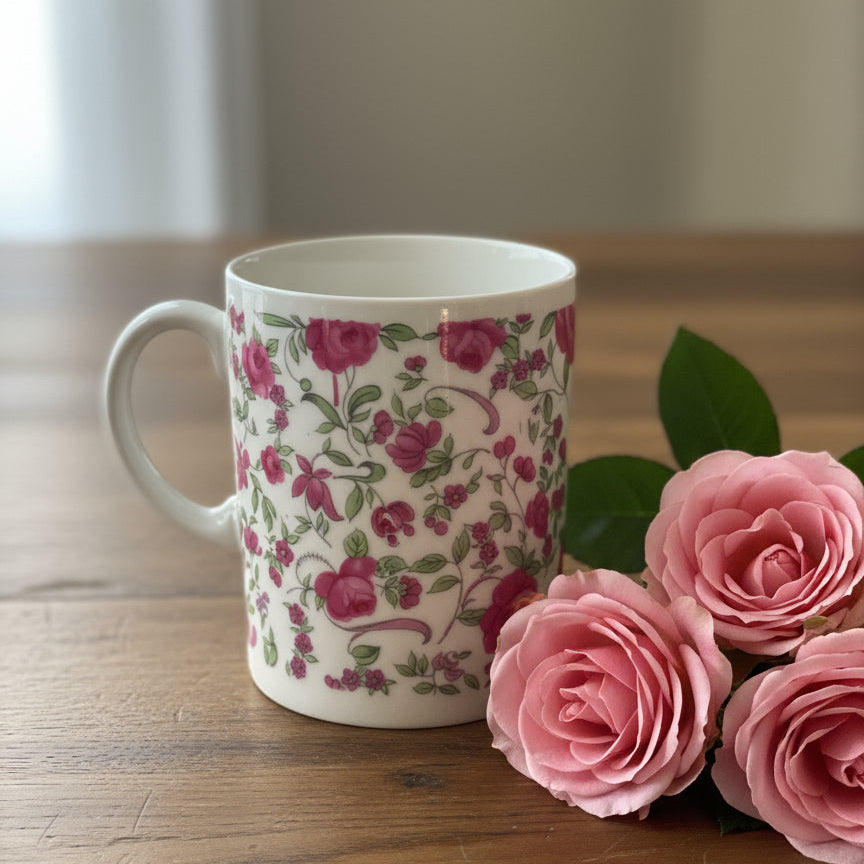 Vintage 70s Coffee Cup Mug Mini Mug Pink Roses Porcelain Japan 3 3/8" Tall