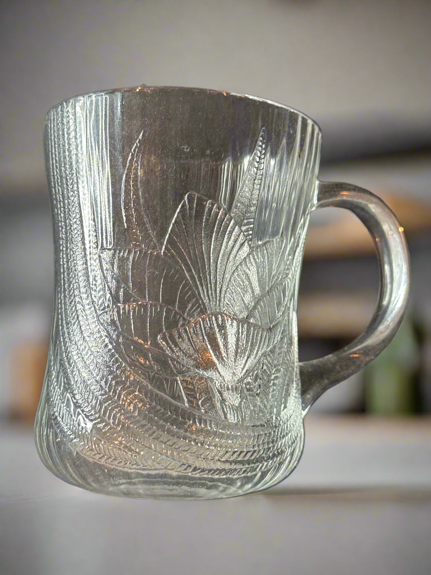 Canterbury 10oz Glass Mug By Arcoroc 4" Tall Floral Design Embossed