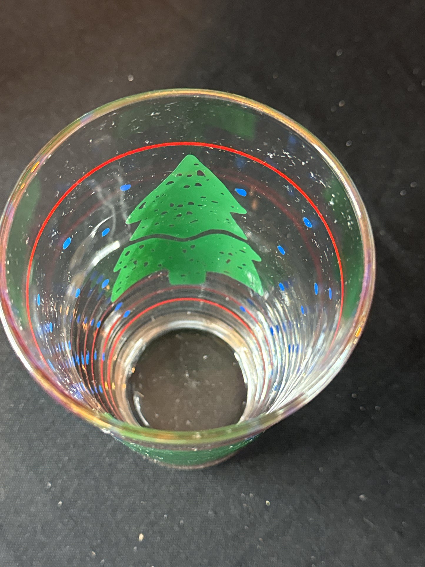 Christmas Tree Drinking Glass Red Stripes Blue Dots Gold Trim on Rim 5 7/8" Tall