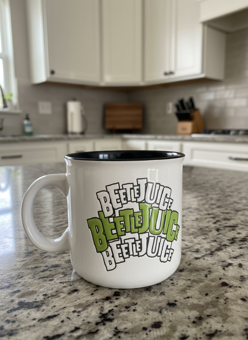 Beetlejuice Large Silver Buffalo Coffee Cup Mug Green Interior 4 1/8" Tall New