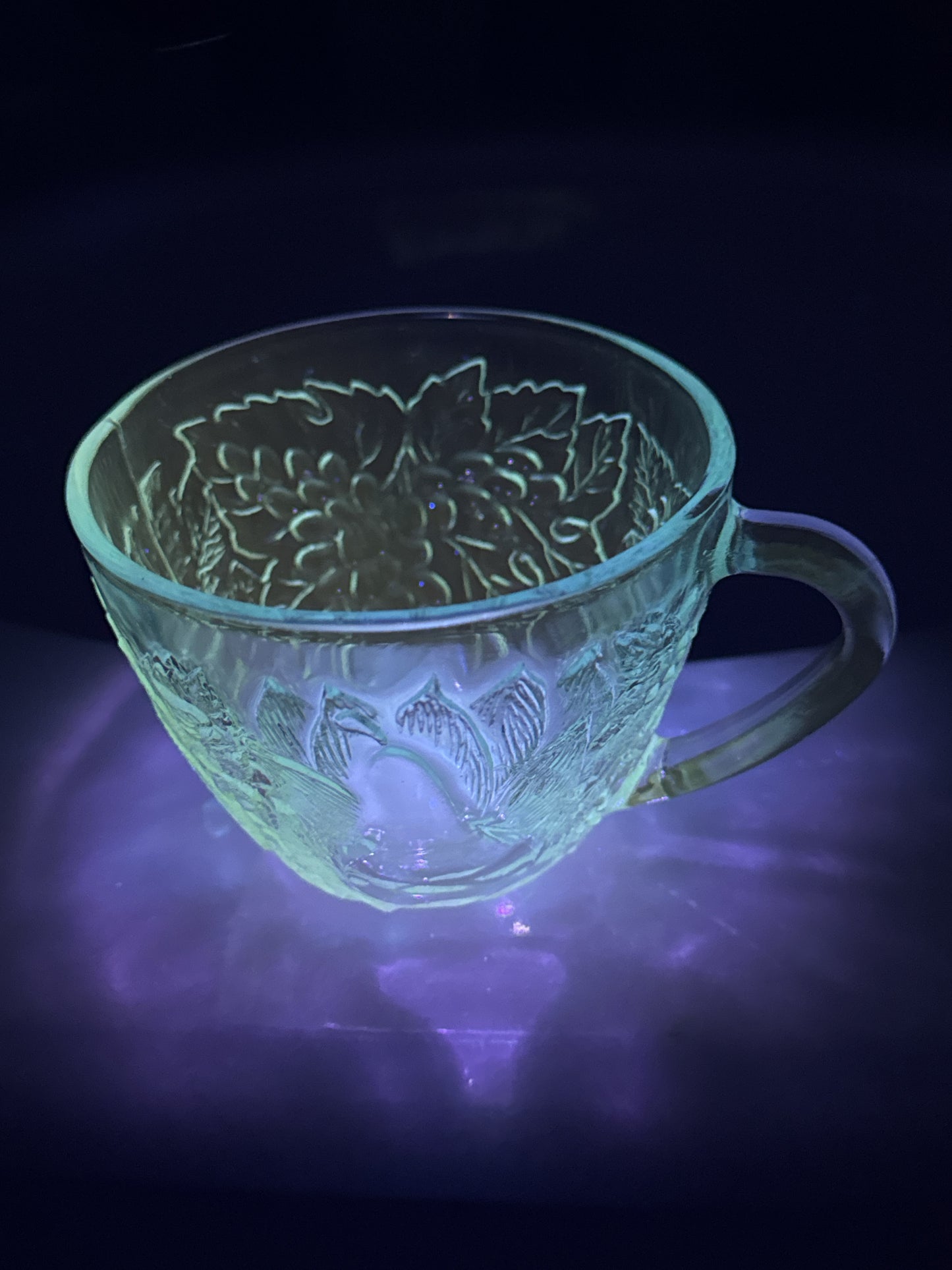 Vintage KIG Indonesia Ice Blue Glass Punch Cup Embossed Fruit Replacement Glows