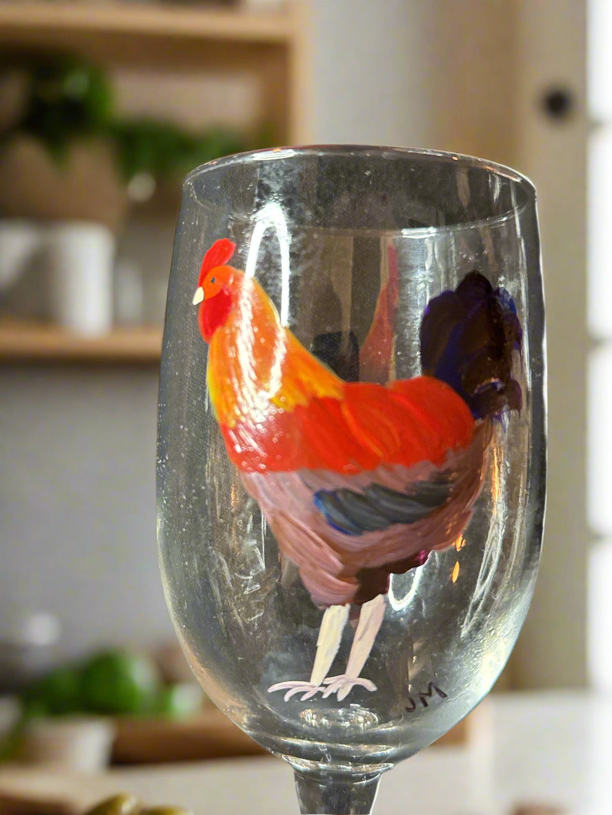 Rooster Hand Painted Large Glass Water Goblet 7" Tall x 2 7/8" Wide at Rim