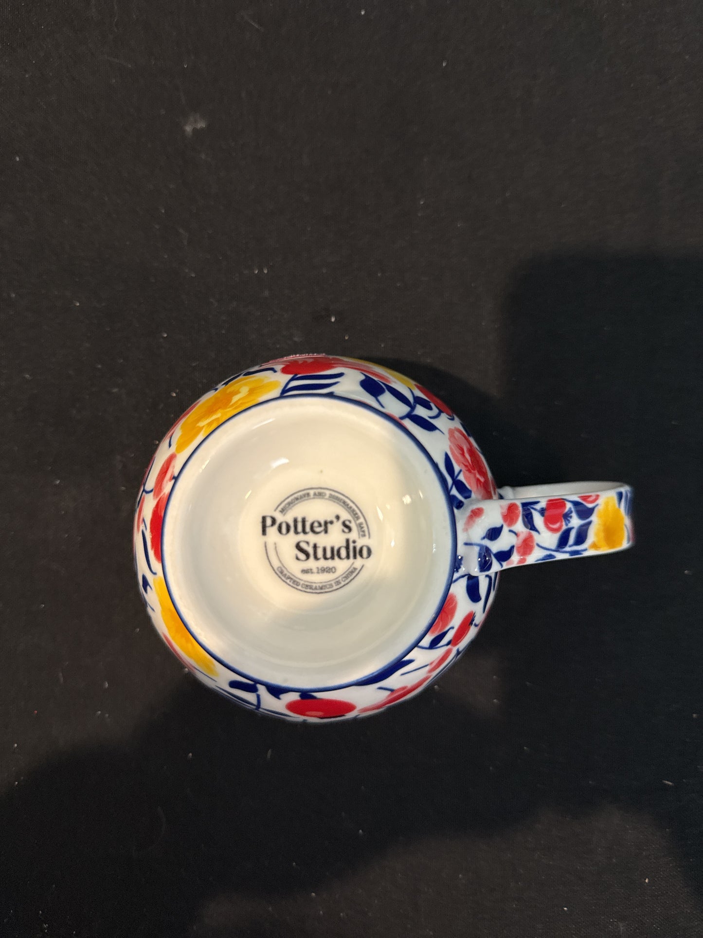 Potter's Studio Blue Footed Coffee Cup Mug Colorful Flowers, 14oz 3 5/8" Tall New