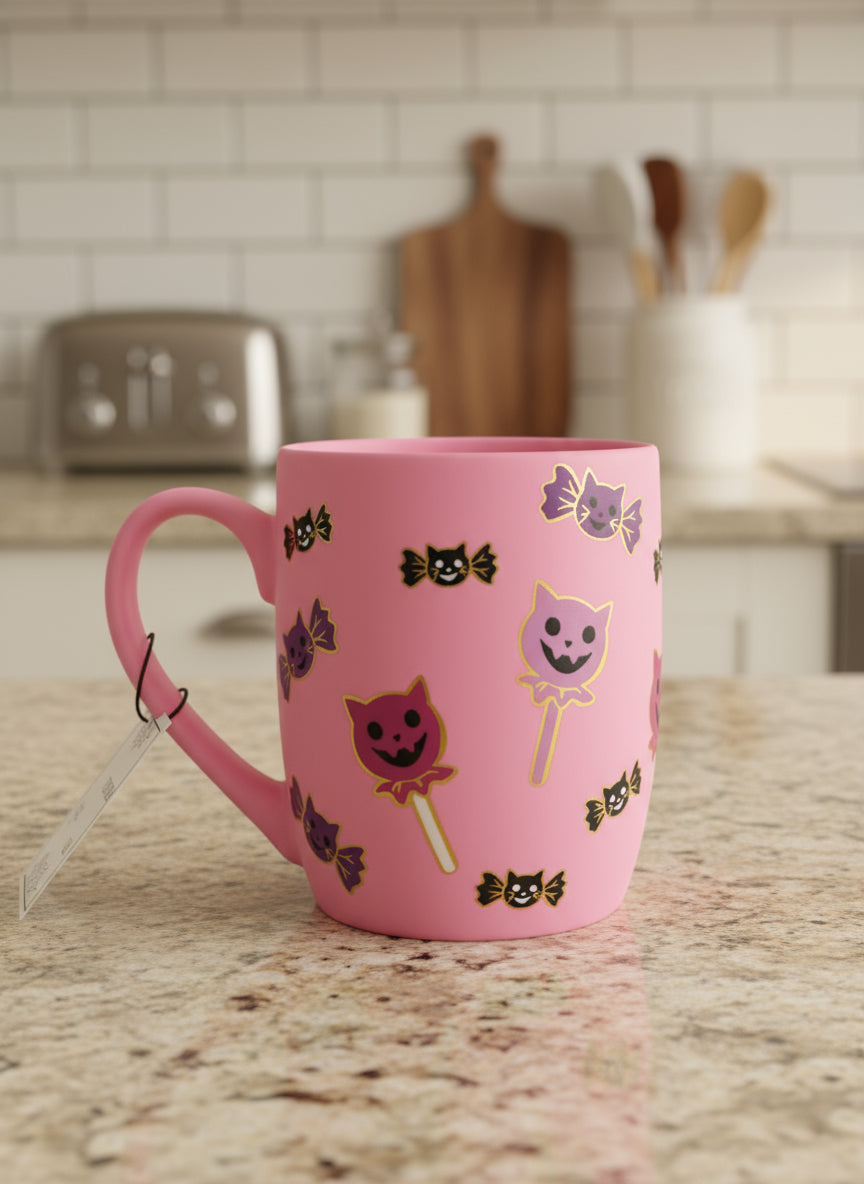 Cobwebs & Cauldrons Pink Soft Feel Cat Candy 4 3/8" Tall New