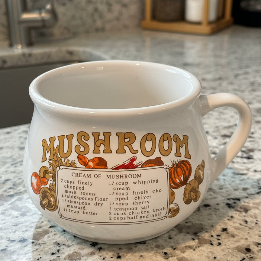 Vintage 1970s Cream Of Mushroom Soup Recipe Ceramic Bowl Mug Cup 3.25" Tall
