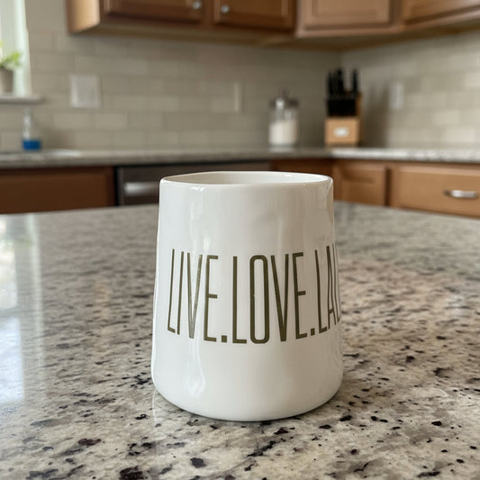Bloomingville LIVE LOVE LAUGH White Ceramic  & Gold Lettering Tumbler Cup 3 7/8" Tall
