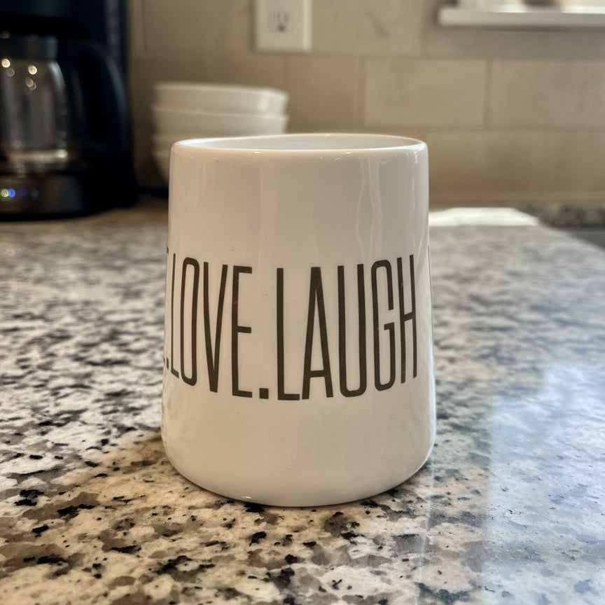 Bloomingville LIVE LOVE LAUGH White Ceramic  & Gold Lettering Tumbler Cup 3 7/8" Tall