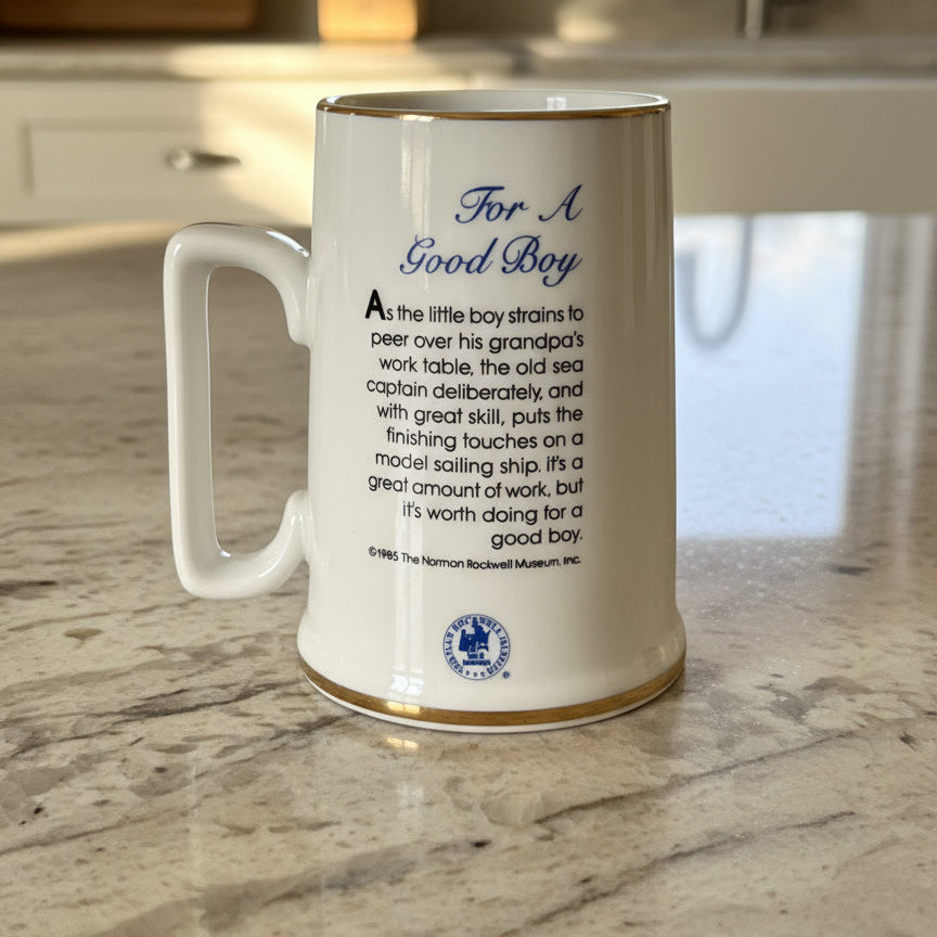 Vintage Norman Rockwell Museum 1985 Coffee Cup Mug For A Good Boy Gold Rimmed 4 3/8"
