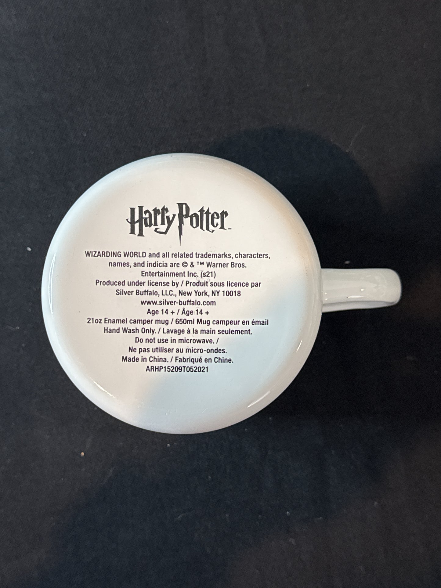 Harry Potter Hogwarts Crest Camper Tin 21oz Coffee Mug Cup White Speckled New 4" Tall