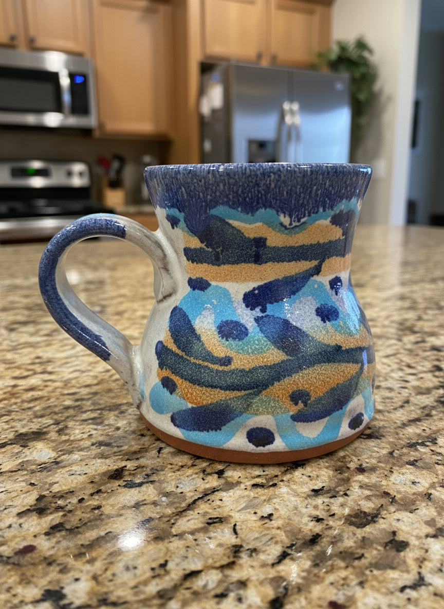 Blue Cobalt Brown Glazed Art Pottery Coffee Mug Cup Signed 3.5" Tall