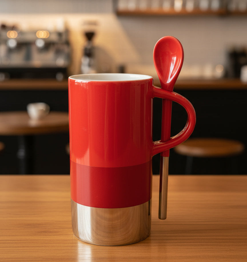 90's Starbucks Verismo Mug 8oz With Spoon Red Silver 4.75" Tall