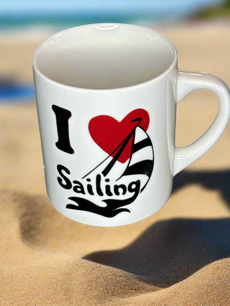 "I Love Sailing" Coffee Mug 3.75" tall.