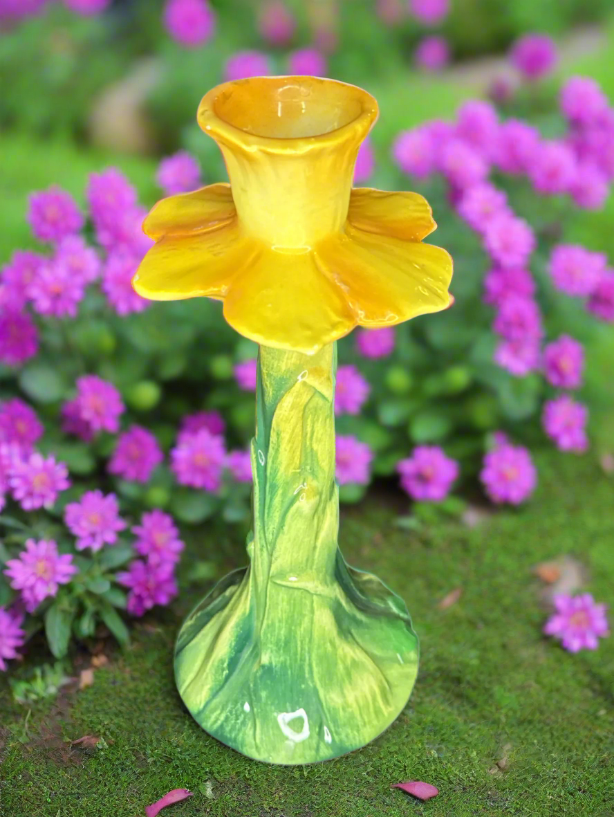 Italian Ceramic Yellow Daffodil Candle Holder 8.5"