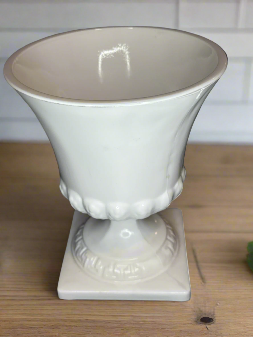 E. O. Brody Milk Glass Greek Key Wheat Compote Vase or Planter on Pedestal