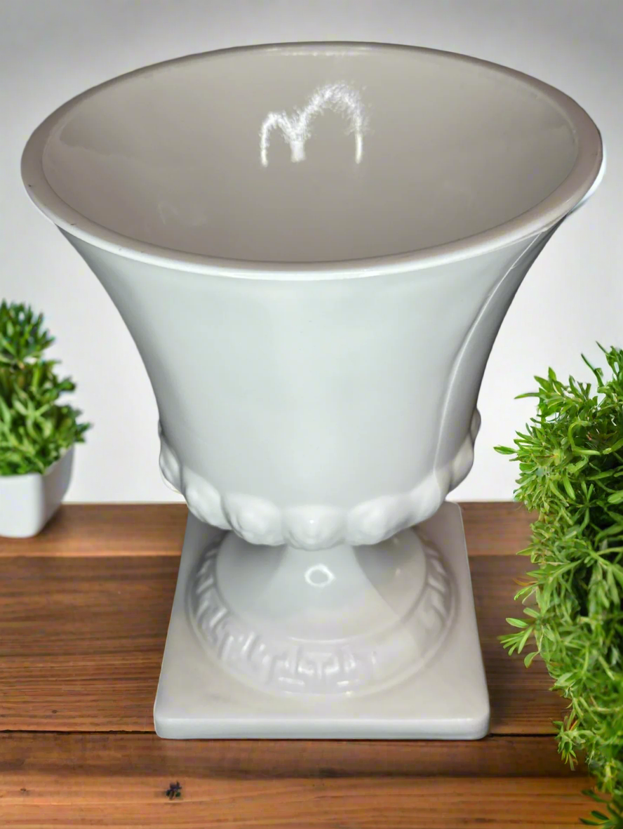E. O. Brody Milk Glass Greek Key Wheat Compote Vase or Planter on Pedestal