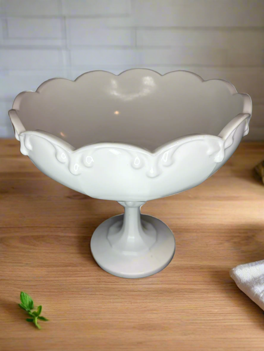 Vintage Indiana Glass White Milk Glass Round Scallop Edge Pedestal