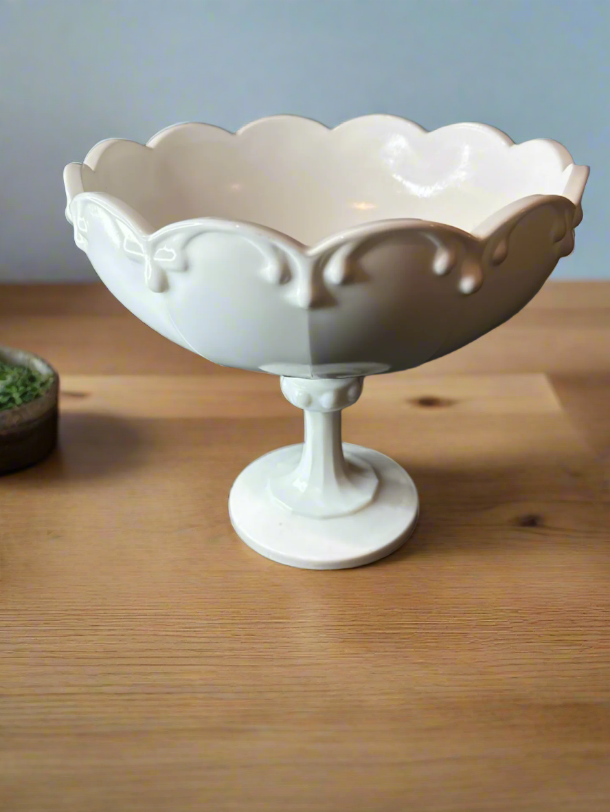 Vintage Indiana Glass White Milk Glass Round Scallop Edge Pedestal