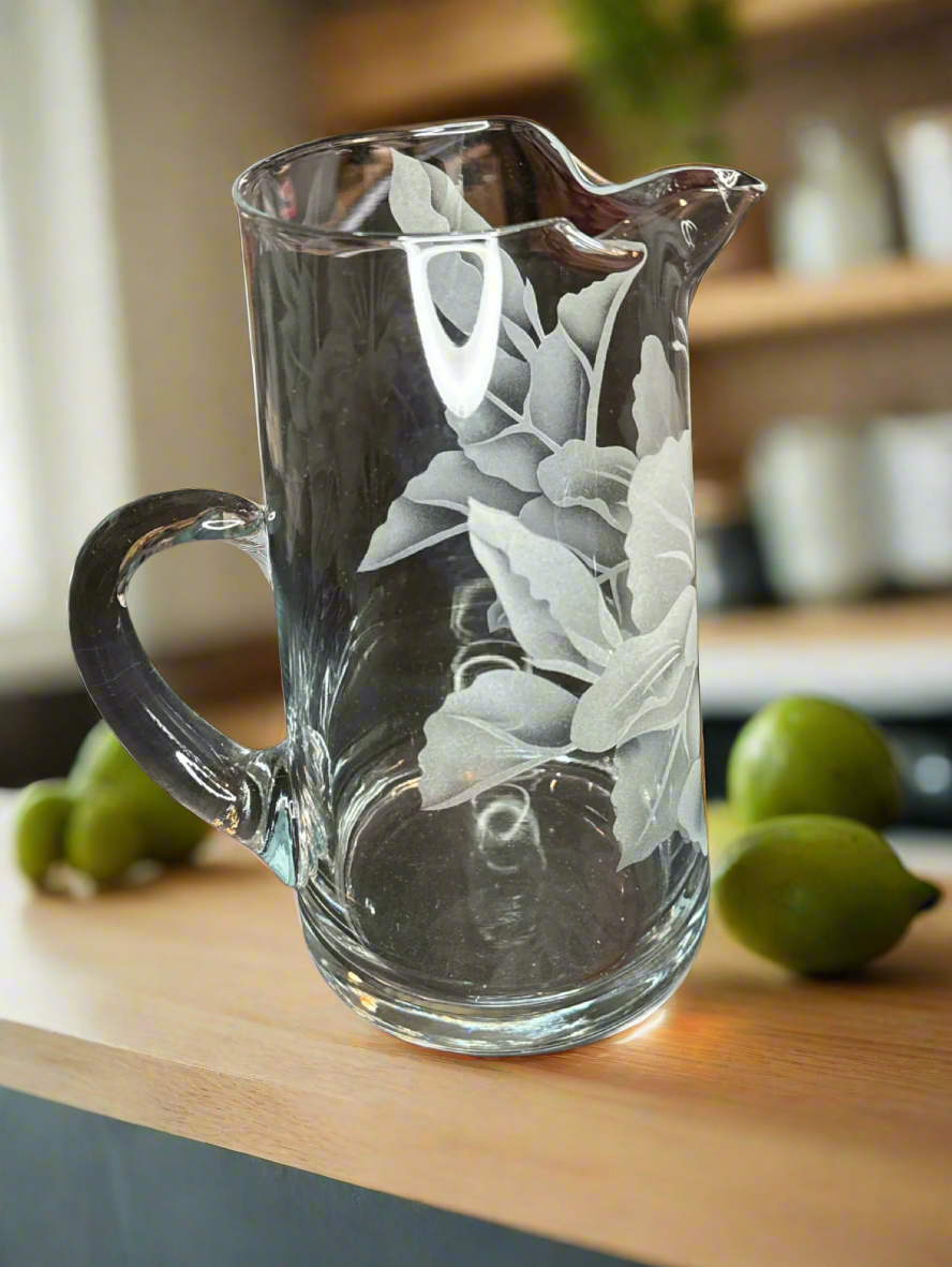 Pitcher Glass with Frosted Flowers Hand Crafted 8.75" tall