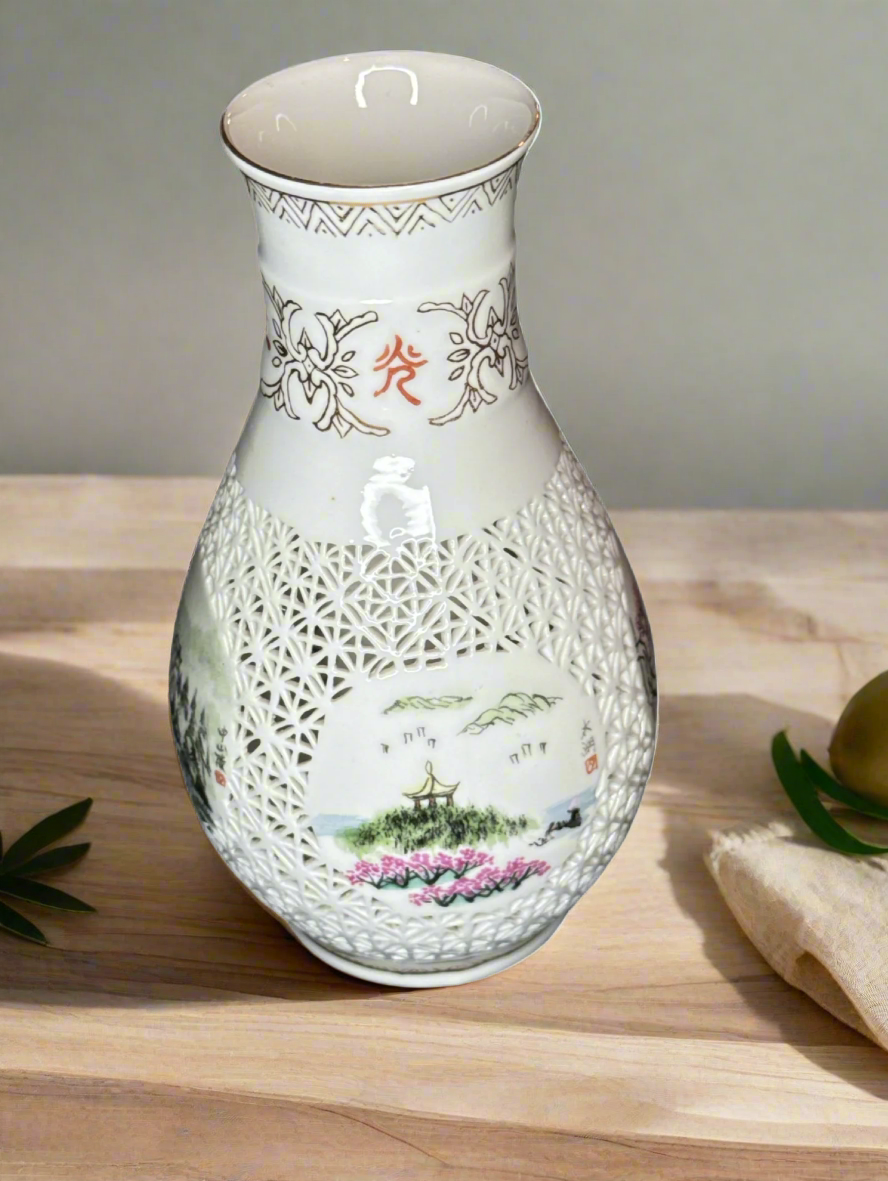Asian White Porcelain 6.5" Bud Vase Lattice Cut Outs