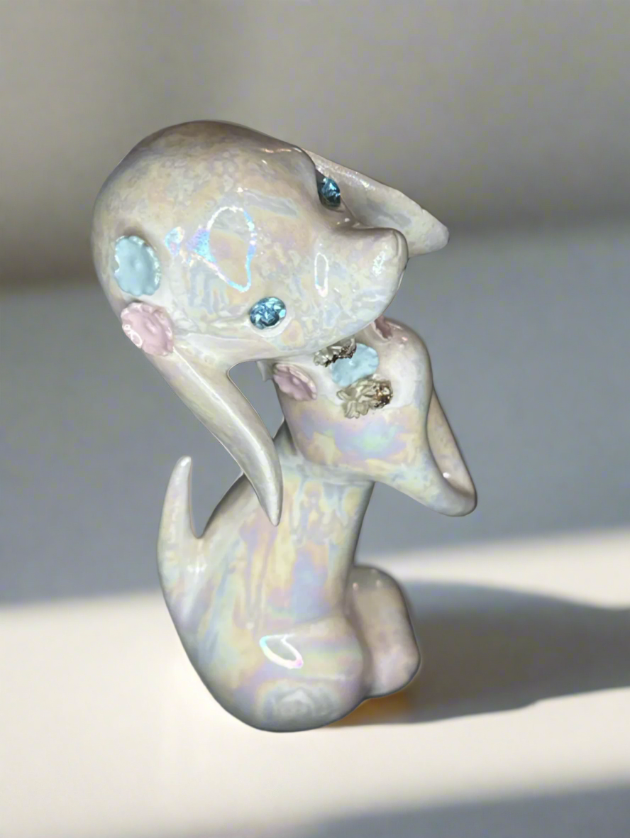 Lefton Vintage Iridescent Dog with Blue Rhinestone Eyes Floral Details 6" tall