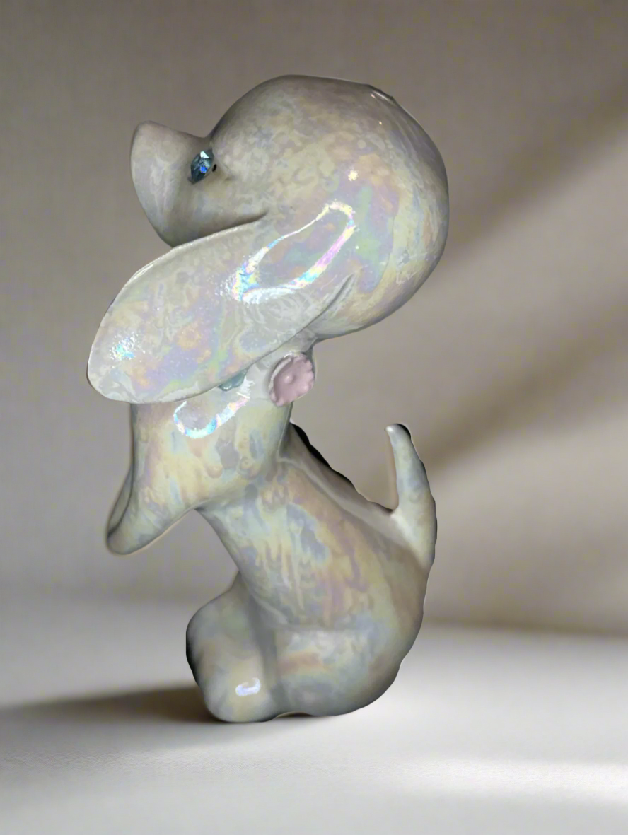 Lefton Vintage Iridescent Dog with Blue Rhinestone Eyes Floral Details 6" tall