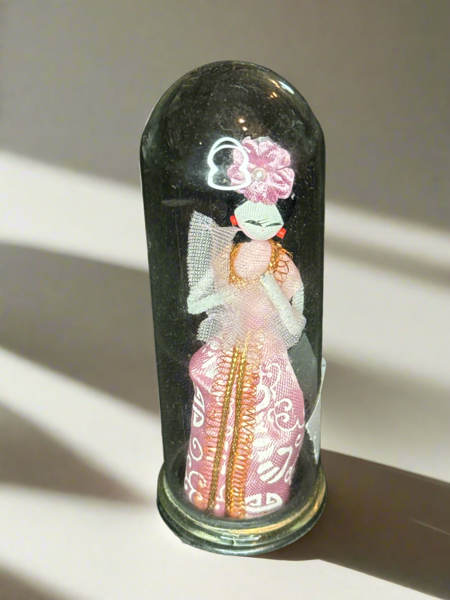 Vintage Miniature Asian Japanese Doll Glass Dome Capsule Pipe Cleaner Geisha