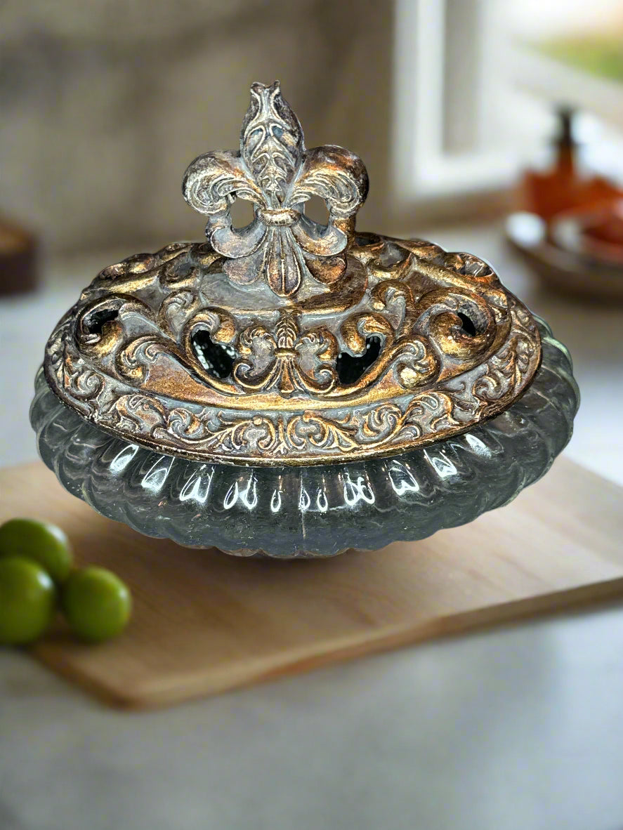 Victorian Patterned Glass Bowl Container Catch all w/ Ornate Brass Style Lid