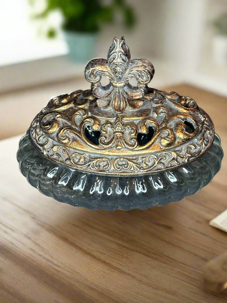 Victorian Patterned Glass Bowl Container Catch all w/ Ornate Brass Style Lid