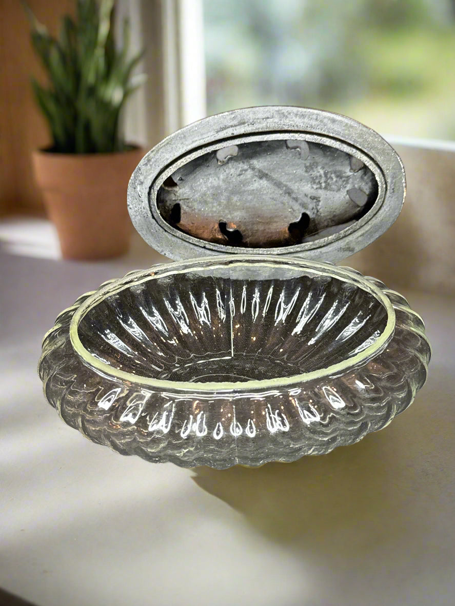 Victorian Patterned Glass Bowl Container Catch all w/ Ornate Brass Style Lid