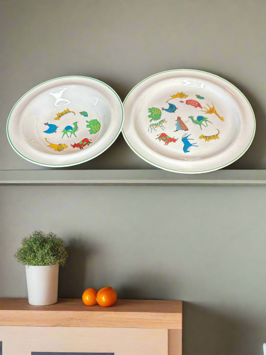 1960's Arabia Pottery Finland 7 5/8" Childs Plate and 6.5" Bowl Assorted Animals