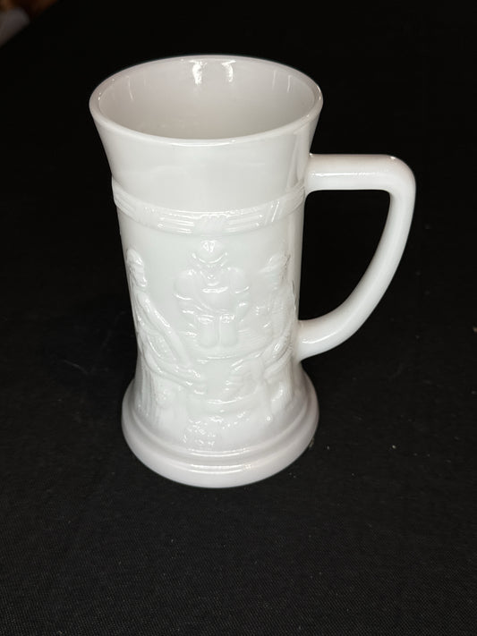 Vintage White Milk Glass 6" Stein/Beer Mug - Embossed Tavern Scene Barware